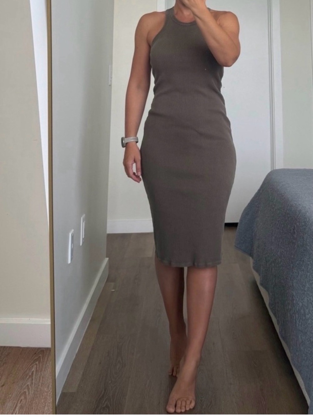 Ribbed Midi Dress in Olive